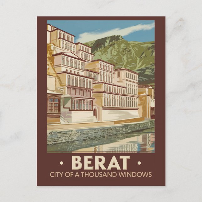 Postal Berat Albania Ilustracion Viaje de arte cosecha (Anverso)