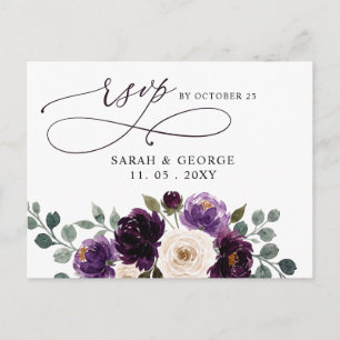 Postal Berberecho Púrpura Marfil Berenjena Floral Boda Rs