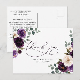 Postal Berenjena Floral Gracias de Color Púrpura Marfil