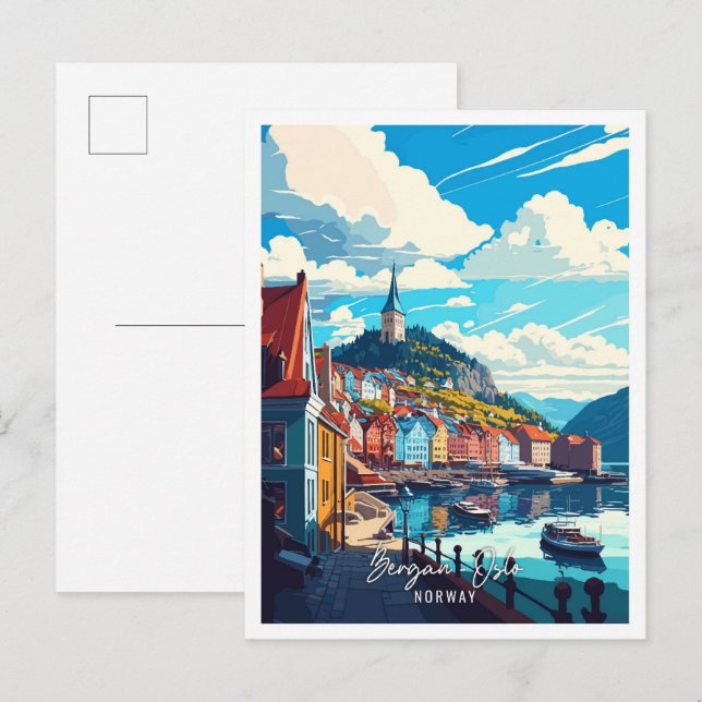 Postal Bergan Oslo Noruega ilustracion de viajes Art Vint (Anverso / Reverso)