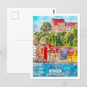 Postal Bergen Hordaland Noruega Lugar de Viaje Acuarela