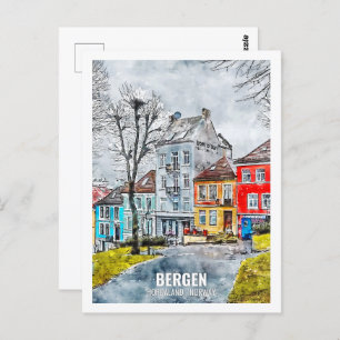 Postal Bergen Hordaland Noruega Lugar de Viaje Acuarela