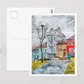 Postal Bergen Hordaland Noruega Lugar de Viaje Acuarela