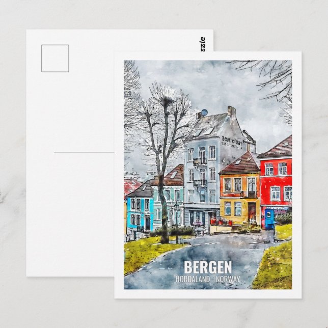 Postal Bergen Hordaland Noruega Lugar de Viaje Acuarela (Anverso / Reverso)