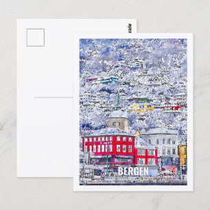 Postal Bergen Hordaland Noruega Travel Place Watercolor