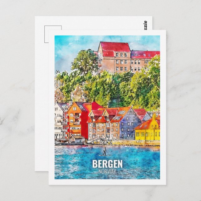 Postal Bergen Noruega Famoso Sketch acuático de viajes (Anverso / Reverso)