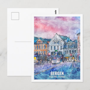 Postal Bergen Vestland Noruega Travel Place Watercolor