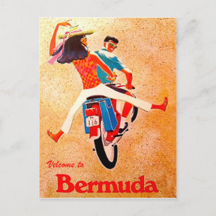 Postal Bermuda, feliz pareja en paseo en moto