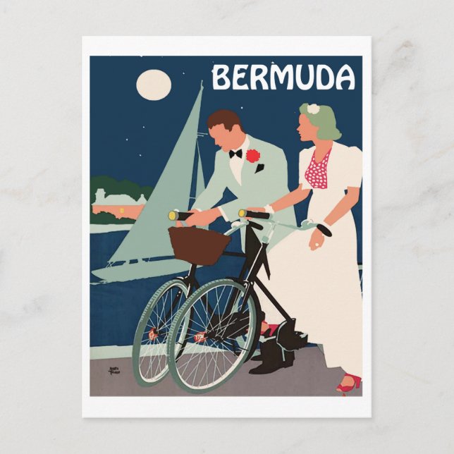 Postal Bermuda, joven pareja con bicicletas junto a la co (Anverso)