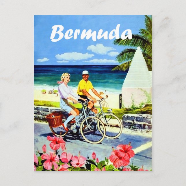 Postal Bermudas, pareja en bicicleta cerca de la playa, v (Anverso)