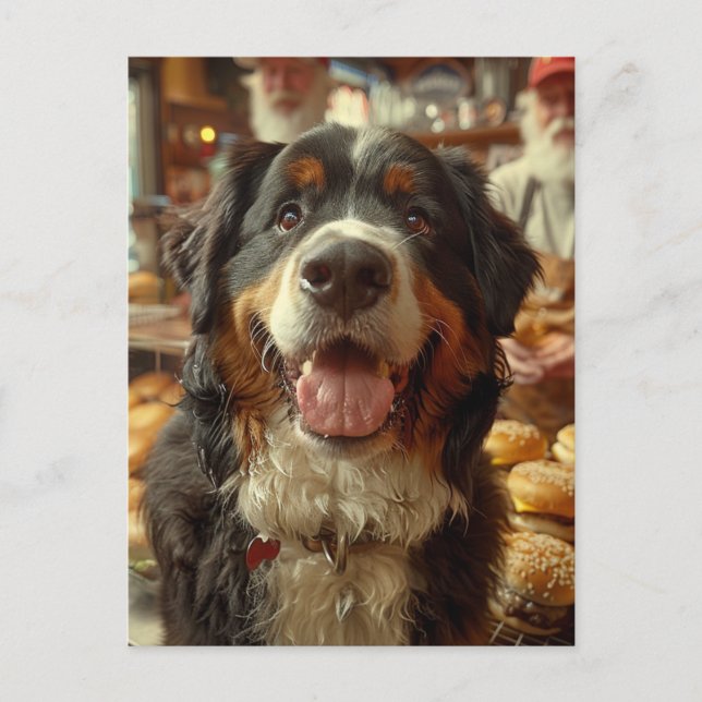 Postal Bernese Mountain Dog in the Cheeseburger Shop (Anverso)