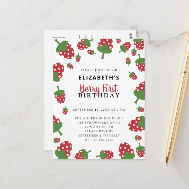 Postal Berry First Birthday Cute Strawberry Kawaii Chica (Anverso/Reverso In Situ)