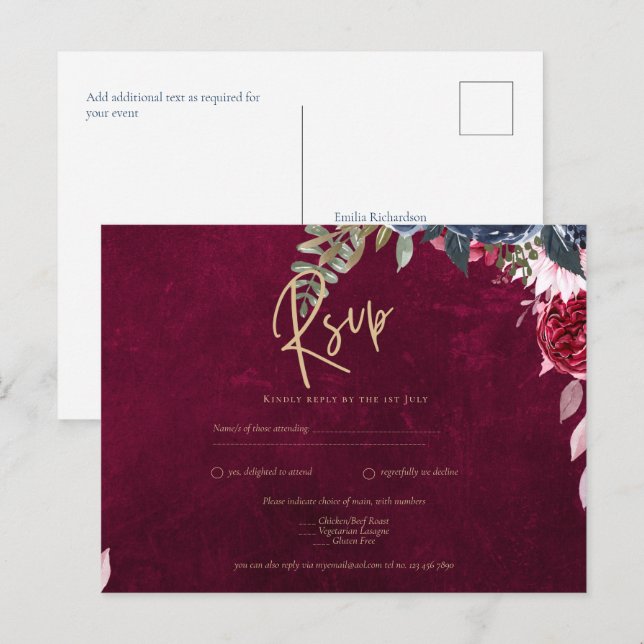 Postal Berry Wine Floral Boda (Anverso / Reverso)
