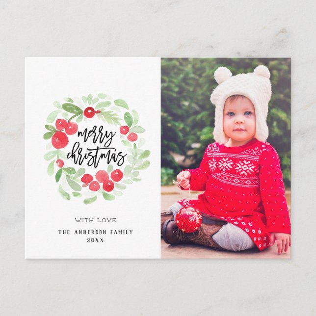 Postal Berry Wreath Merry Christmas Water Photo (Anverso)