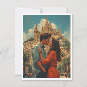 Postal Besado romántico en pareja de Barcelona