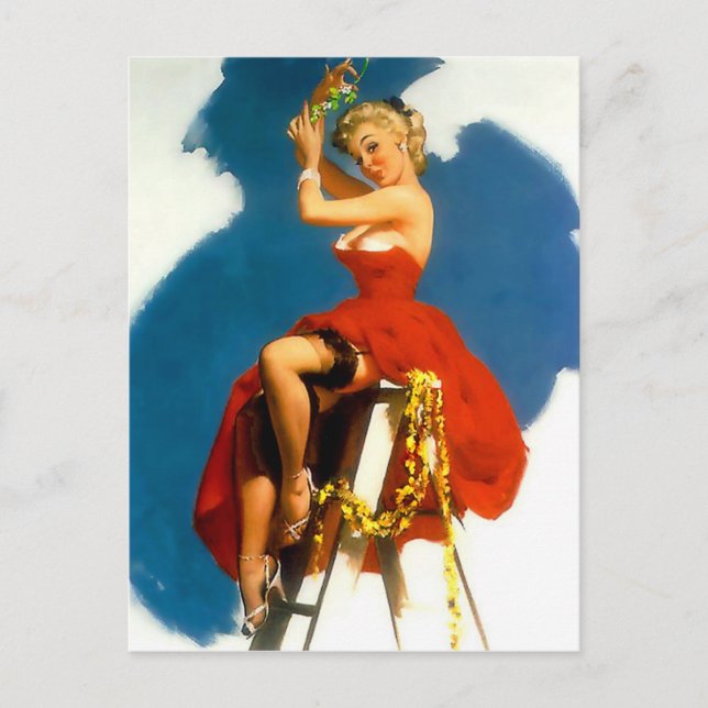 Postal Bésame bajo el Chica Mistletoe Pin Up (Anverso)