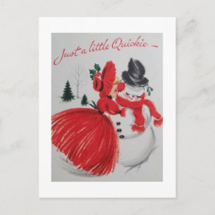 Postal Besando de vintage a un hombre de nieve