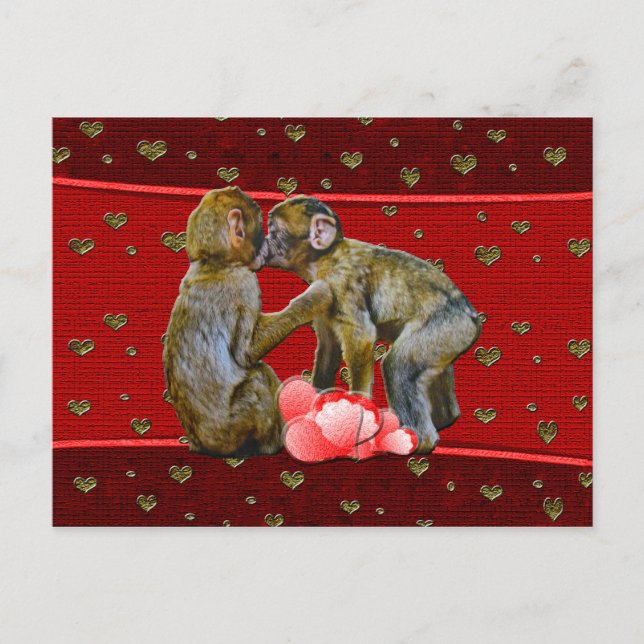 Postal Besando los corazones flotantes de los chimpancés (Anverso)