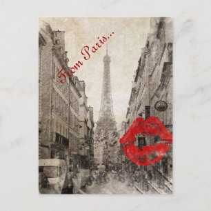 Postal Beso de labios rojos románticos me encanta torre d