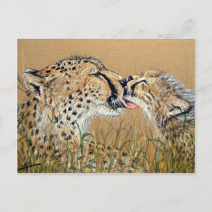 Postal Beso tenso, bebé guepardo y mamá