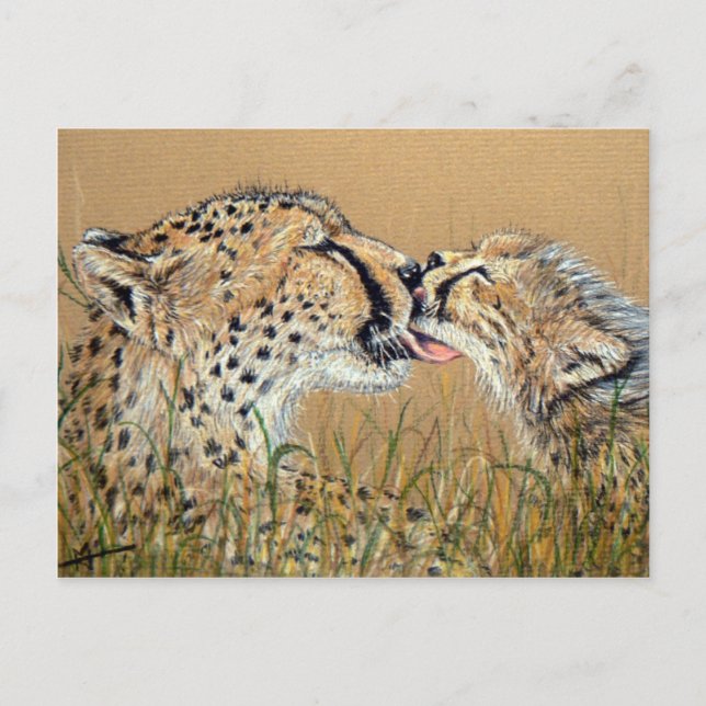 Postal Beso tenso, bebé guepardo y mamá (Anverso)