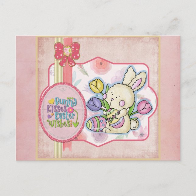 Postal Besos de conejo rosado, deseos de Pascua (Anverso)