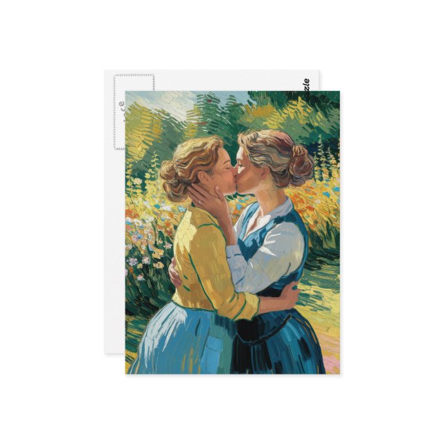 Postal Besos de mujeres enamoradas en el jardín (Anverso/Reverso In Situ)