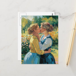 Postal Besos de mujeres enamoradas en el jardín