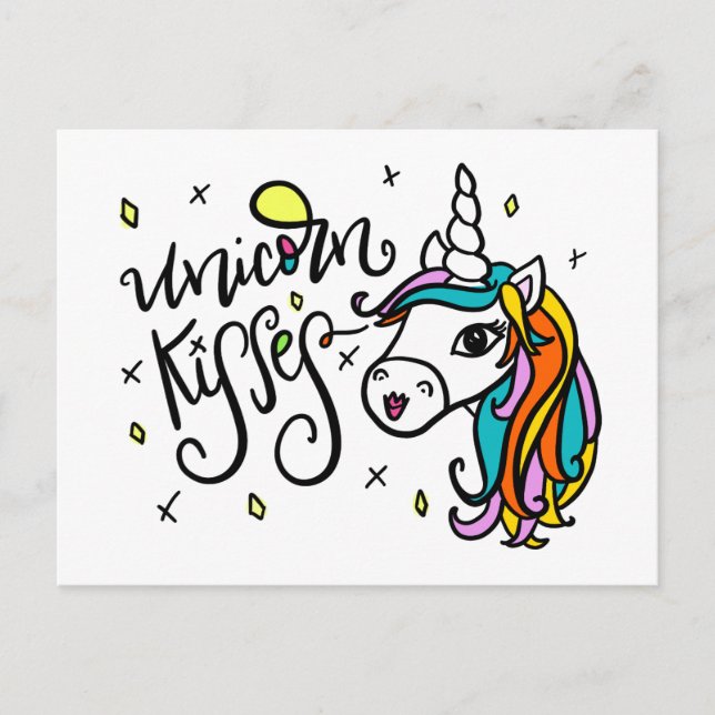 Postal Besos de unicornio, con letras a mano (Anverso)