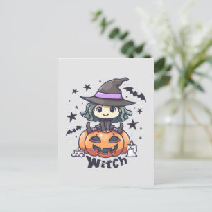 Postal Bestia infantil sentada en una calabaza - "Bruja"