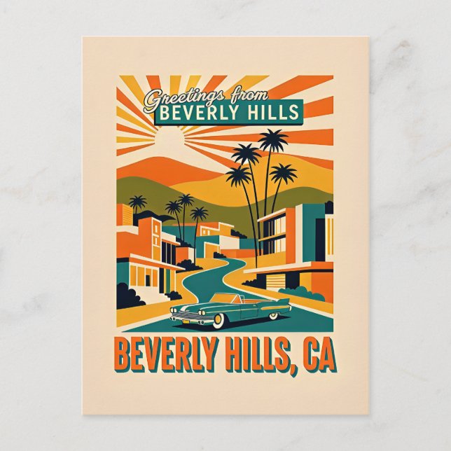 Postal Beverly Hills, CA Retro Caprichoso Colorido (Anverso)