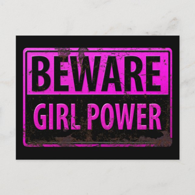 Postal BEWARE Chica Power - Rótulo rosado de peligro Meta (Anverso)