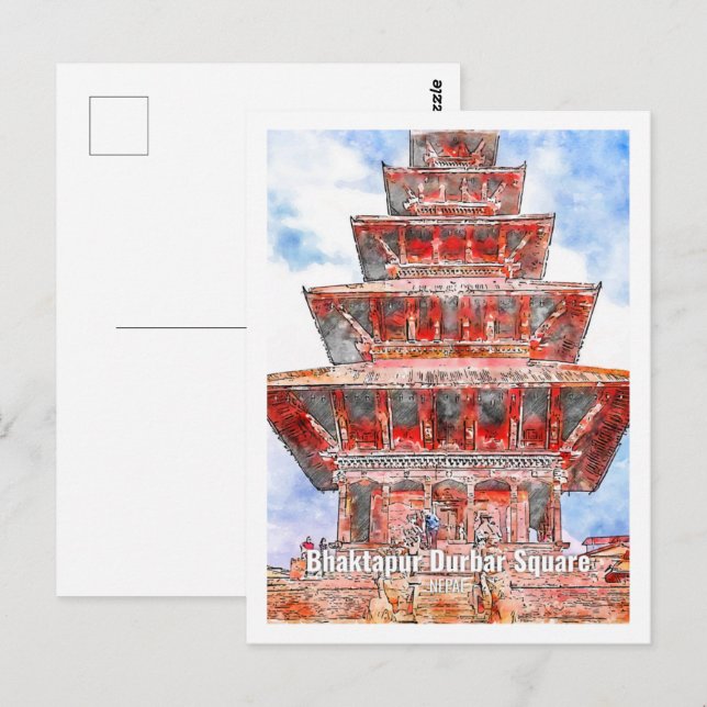 Postal Bhaktapur Durbar Nepal famosa acuarela de viaje (Anverso / Reverso)