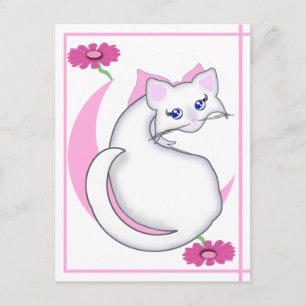 Postal Bianca Toon Kitty Tickled Pink w Flores Postcard