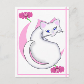 Postal Bianca Toon Kitty Tickled Pink w Flores Postcard