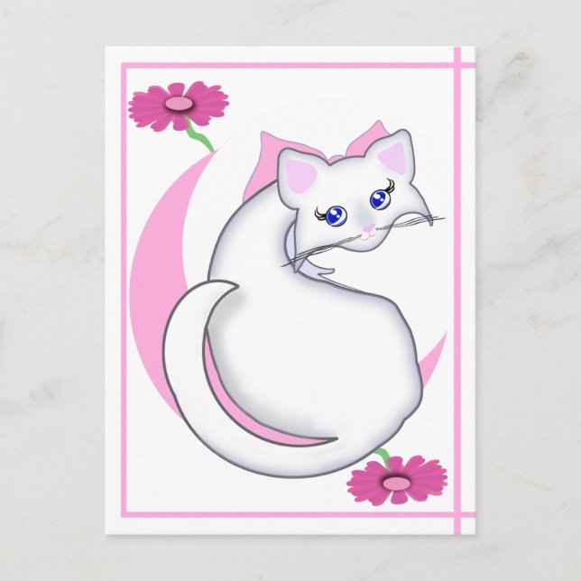 Postal Bianca Toon Kitty Tickled Pink w Flores Postcard (Anverso)