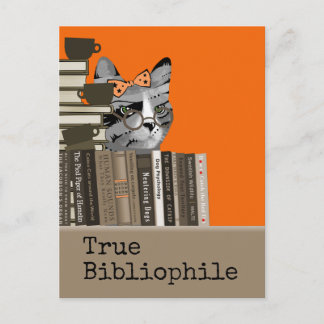 Postal Bibliófilo verdadero - gato con los libros