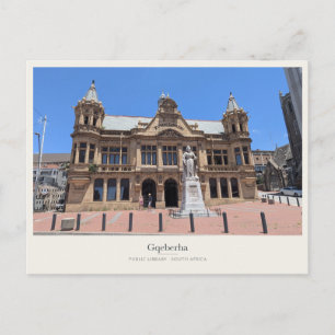 Postal Biblioteca Pública de Gqeberha y estatua de la Rei
