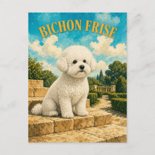Postal Bichon Frise, Arte de Perro con Acuarela Vintage