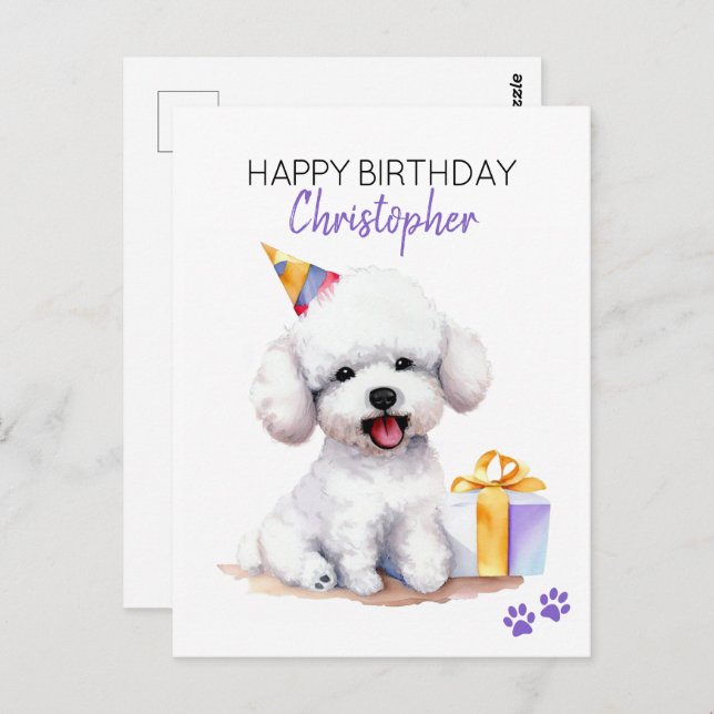 Postal Bichon Frise Dog Personalizado Feliz Cumpleaños (Anverso / Reverso)