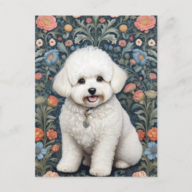 Postal Bichon Frise William Morris inspiró la floral (Anverso)