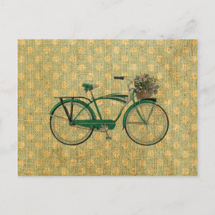 Postal Bici verde retra con la cesta de la flor