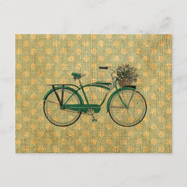 Postal Bici verde retra con la cesta de la flor (Anverso)