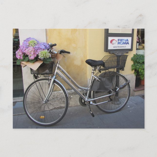Postal Bicicleta con canasta de hortensias (Anverso)
