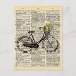 Postal Bicicleta de arte de diccionario con flores