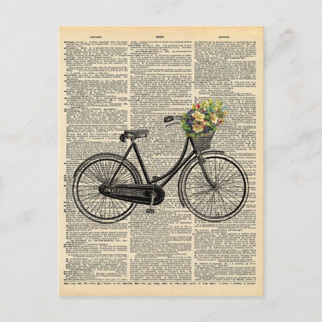 Postal Bicicleta de arte de diccionario con flores (Anverso)