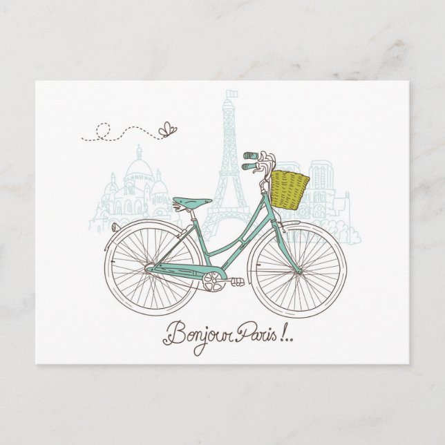 Postal Bicicleta de época con una canasta mona en París (Anverso)