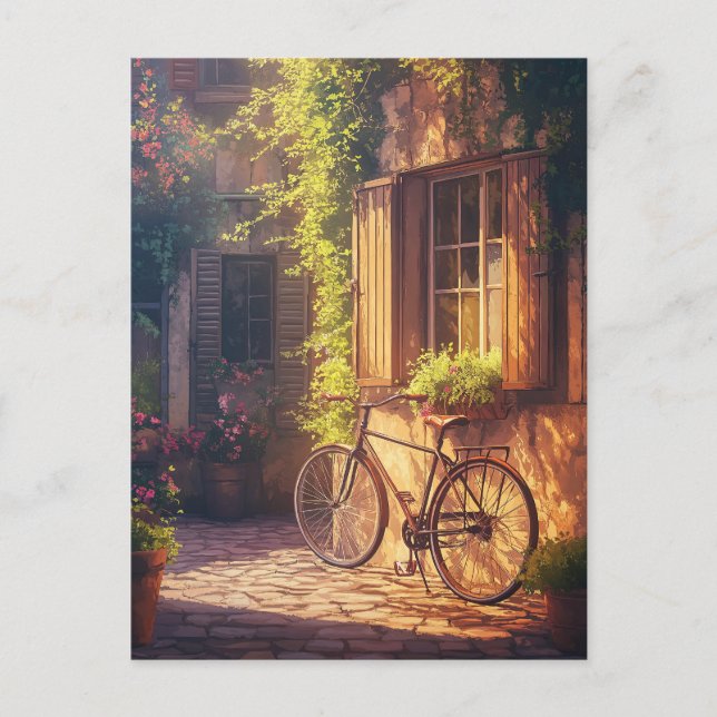 Postal Bicicleta de época y macetas de flores (Anverso)