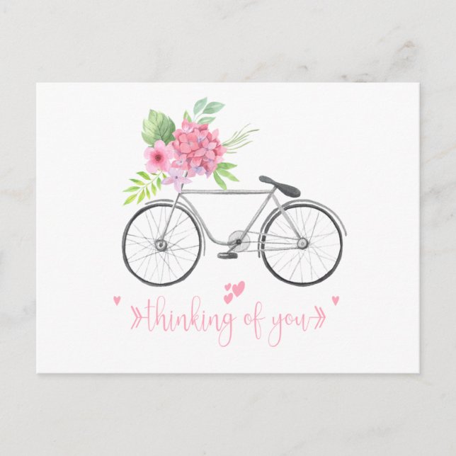 Postal Bicicleta Floral Bicho Script Font Pensando en ti (Anverso)