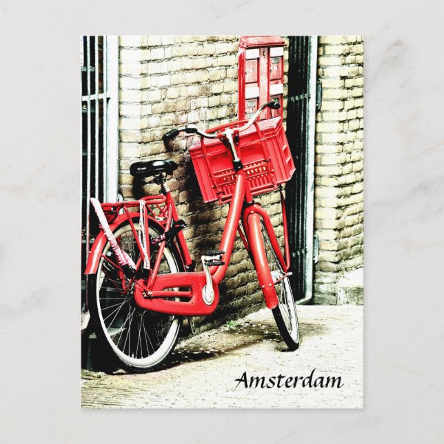Postal Bicicleta roja y Ámsterdam, vacaciones Países Bajo (Anverso)